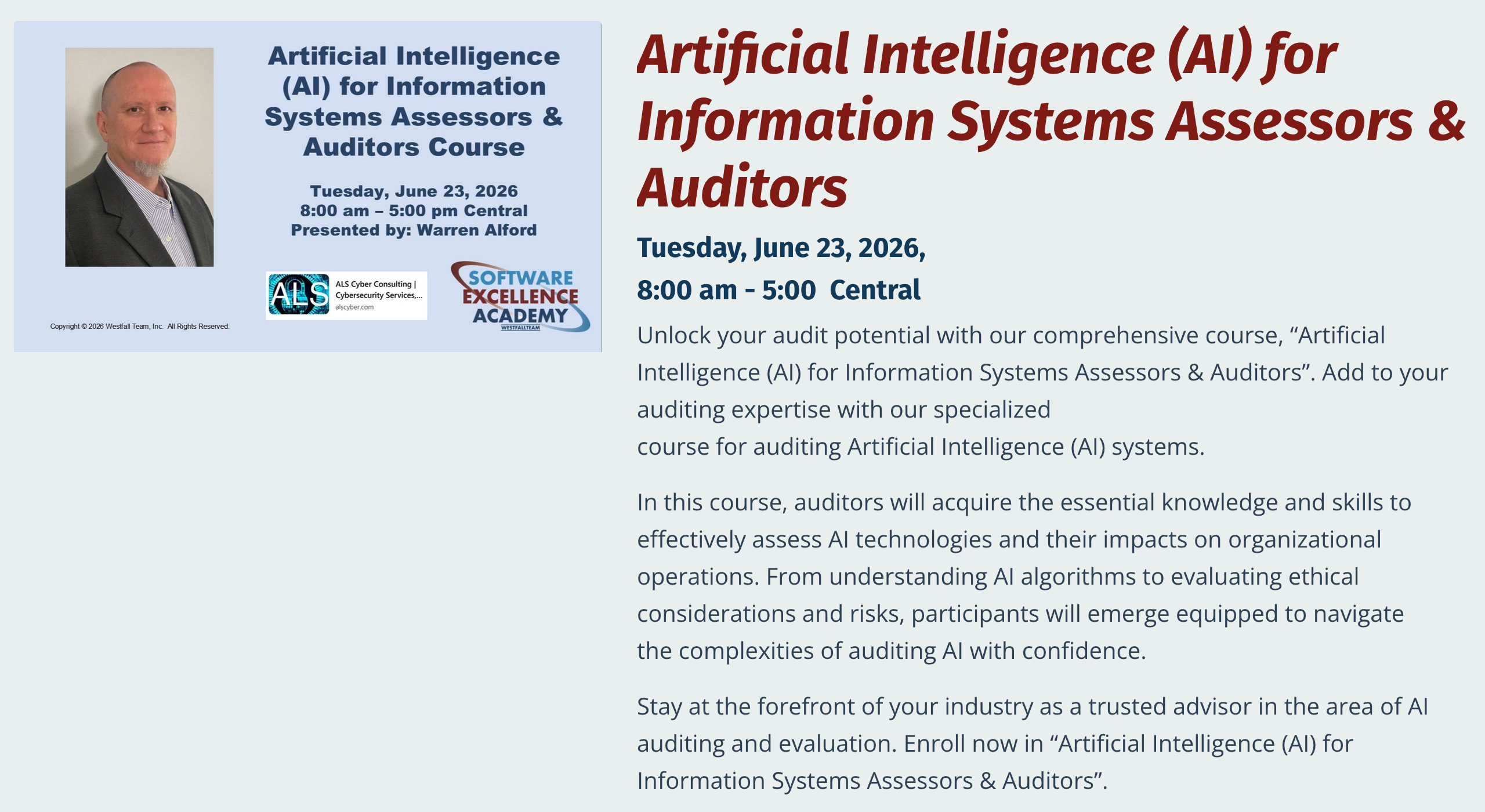 Artificial Intelligence for Information Systems Assessors and Auditors Course